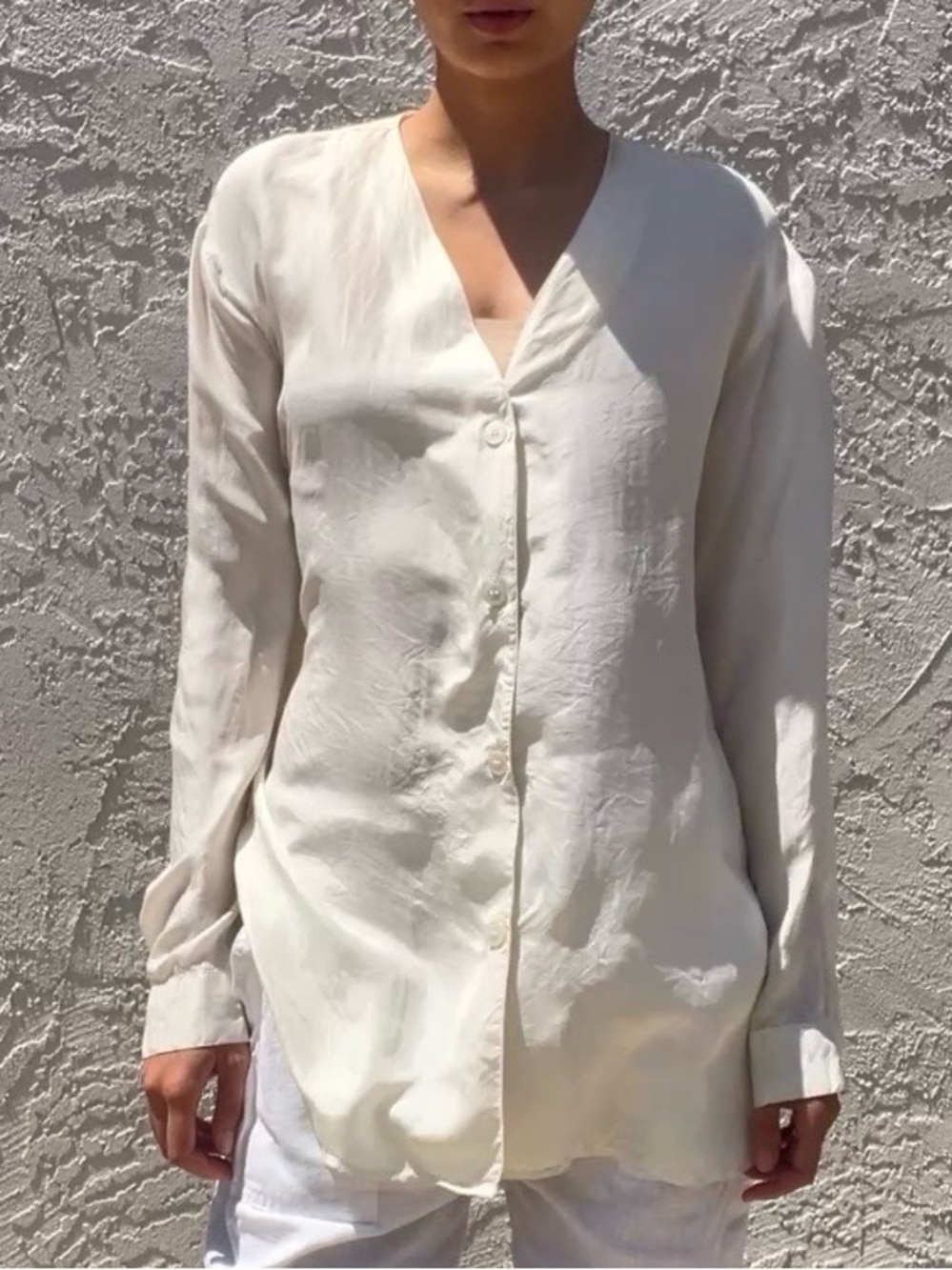 Clio Cream Button-Front V-Neck Long Sleeve 100% Silk Top